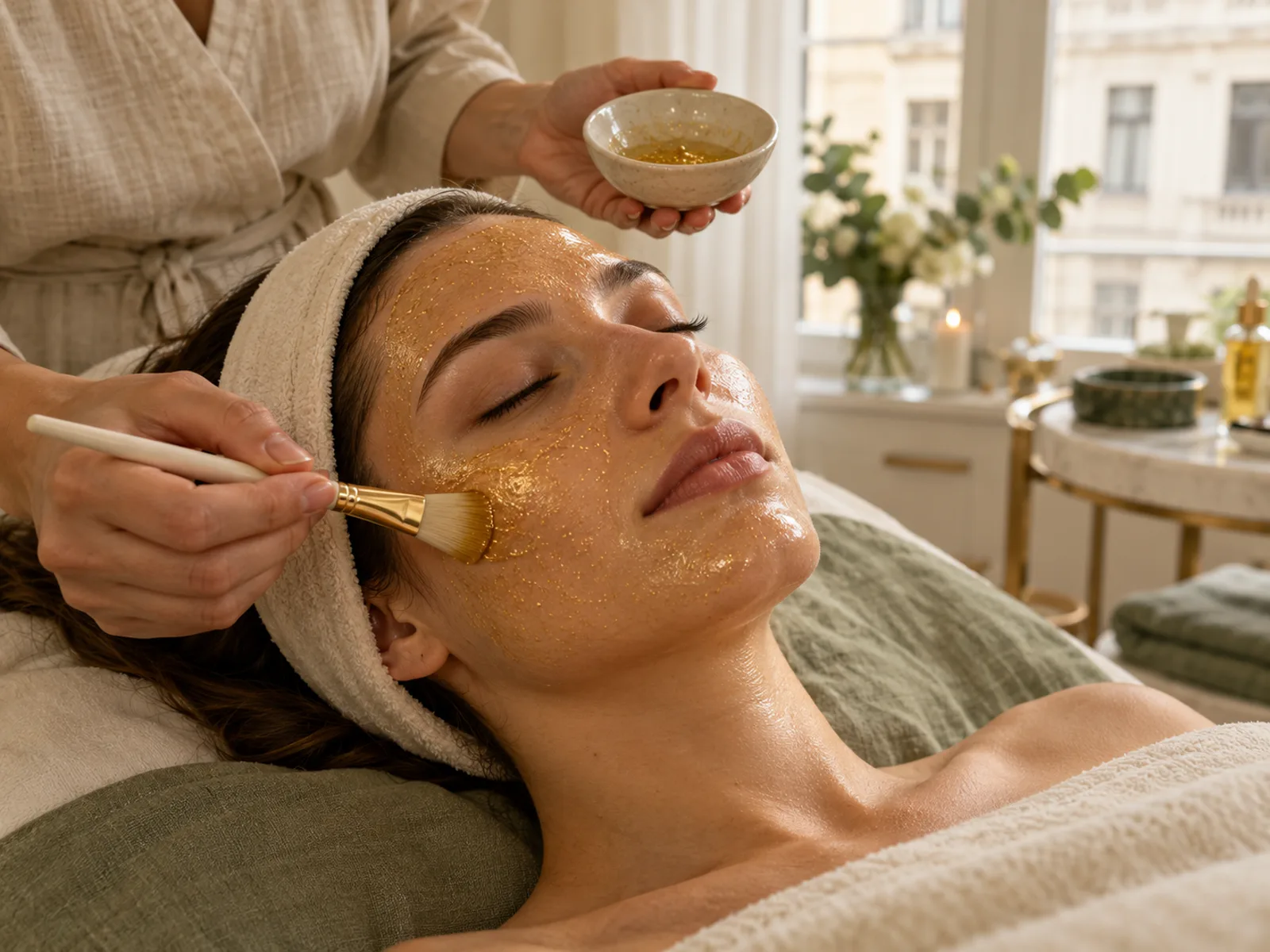 Eine Kosmetikerin trägt mit einem Pinsel ein goldenes Facial auf das Gesicht einer Frau auf