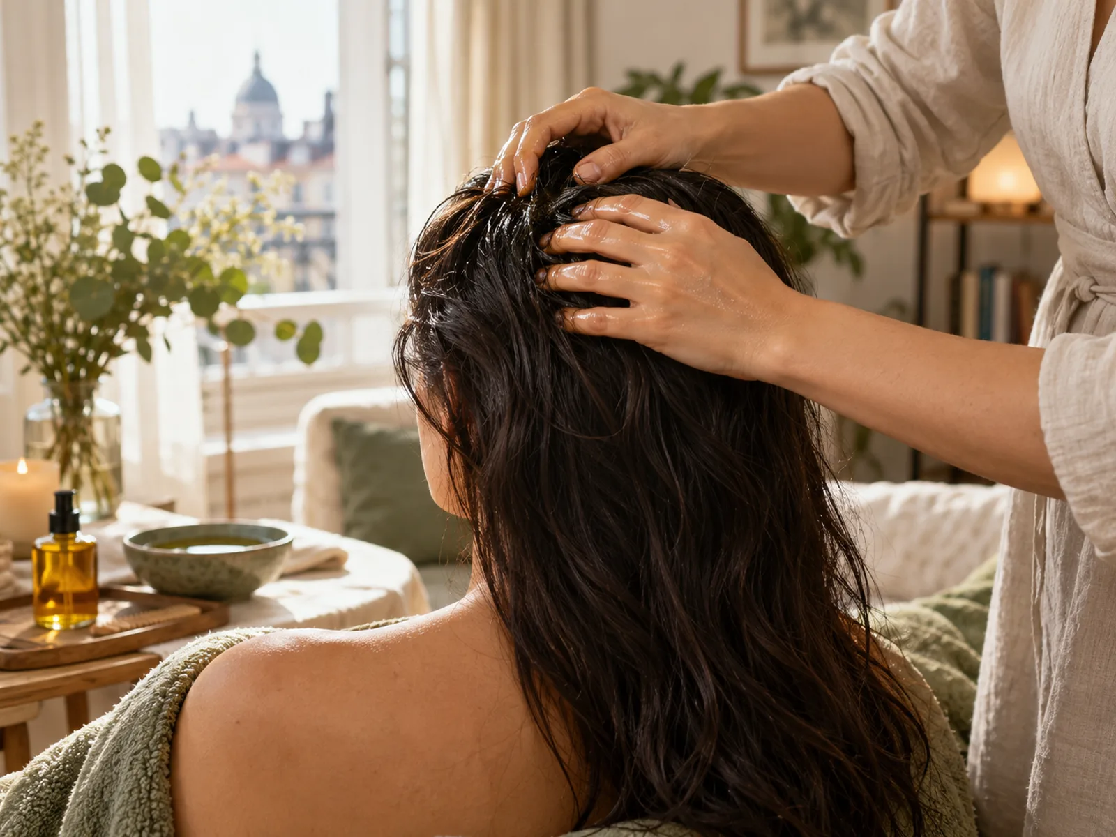Eine Kosmetikerin massiert Öl in das Haar einer Frau, die mit dem Rücken zur Kamera sitzt
