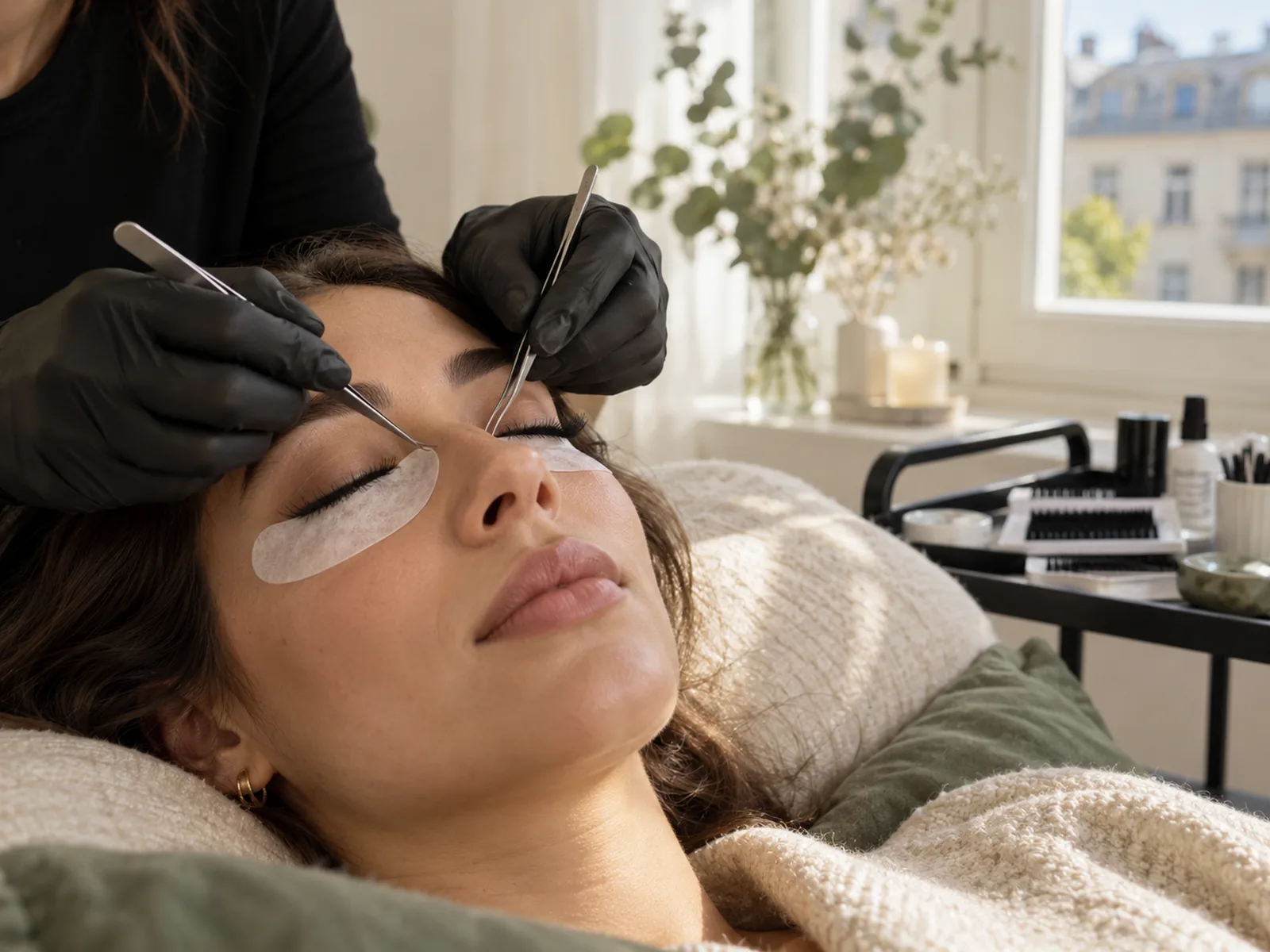 Mit zwei Pinzetten werden einzelne Wimpern an das geschlossene Auge einer Frau gesetzt