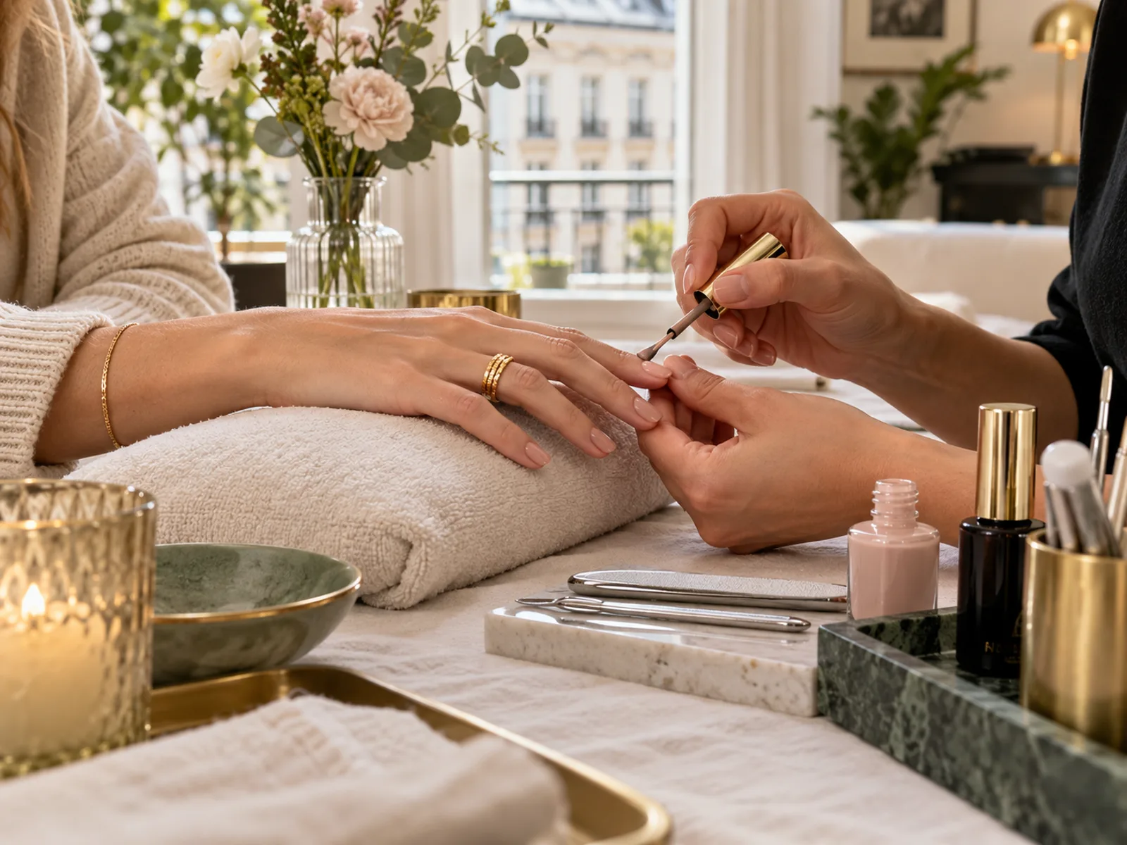 Nagellack wird auf die Fingernägel einer Frau aufgetragen, deren Hand auf einem Handtuch liegt
